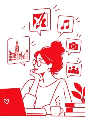 Illustration : une jeune femme rêveuse devant son ordinateur, entourée de bulles de peinture, de musique, de photo et de rencontres, avec l'Hôtel de Ville de Bruxelles